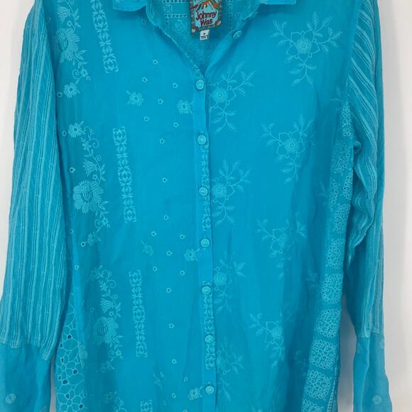 Johnny Was NYX Button Down Embroidered Eyelet Shirt Light Blue Size Medium - Picture 6 of 12